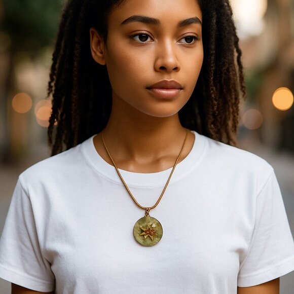 Glass Pendant Chord Necklace Adjustable Length Neutral tones Cream Green - Picture 1 of 4